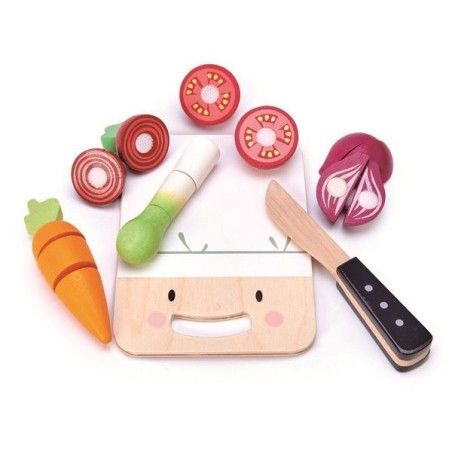 Tender Leaf Toys Драўляная дошка з гароднінай для рэзкі, міні-шэф-кухары
