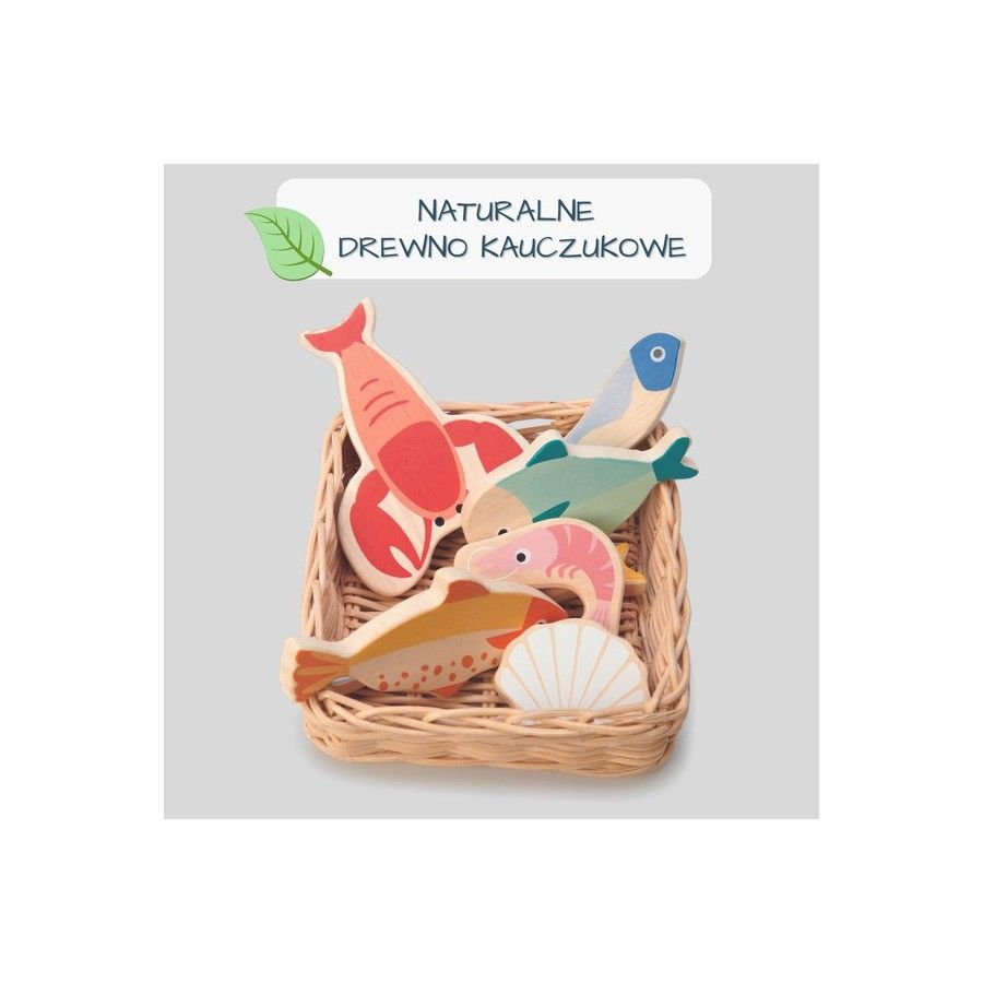 Tender Leaf Toys Wiklinowy koszyk z rybami i owocami morza