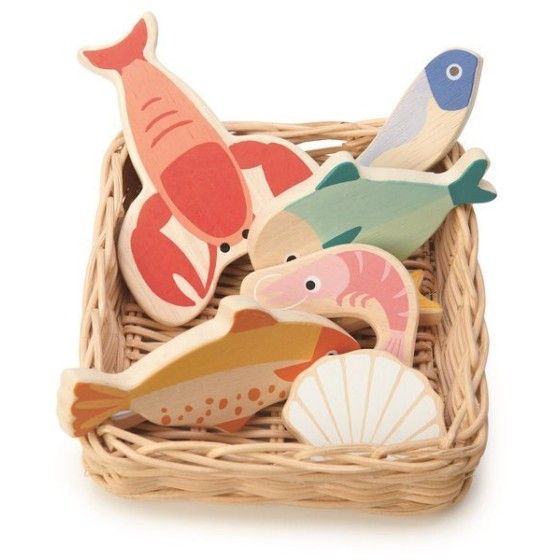 Tender Leaf Toys Wiklinowy koszyk z rybami i owocami morza
