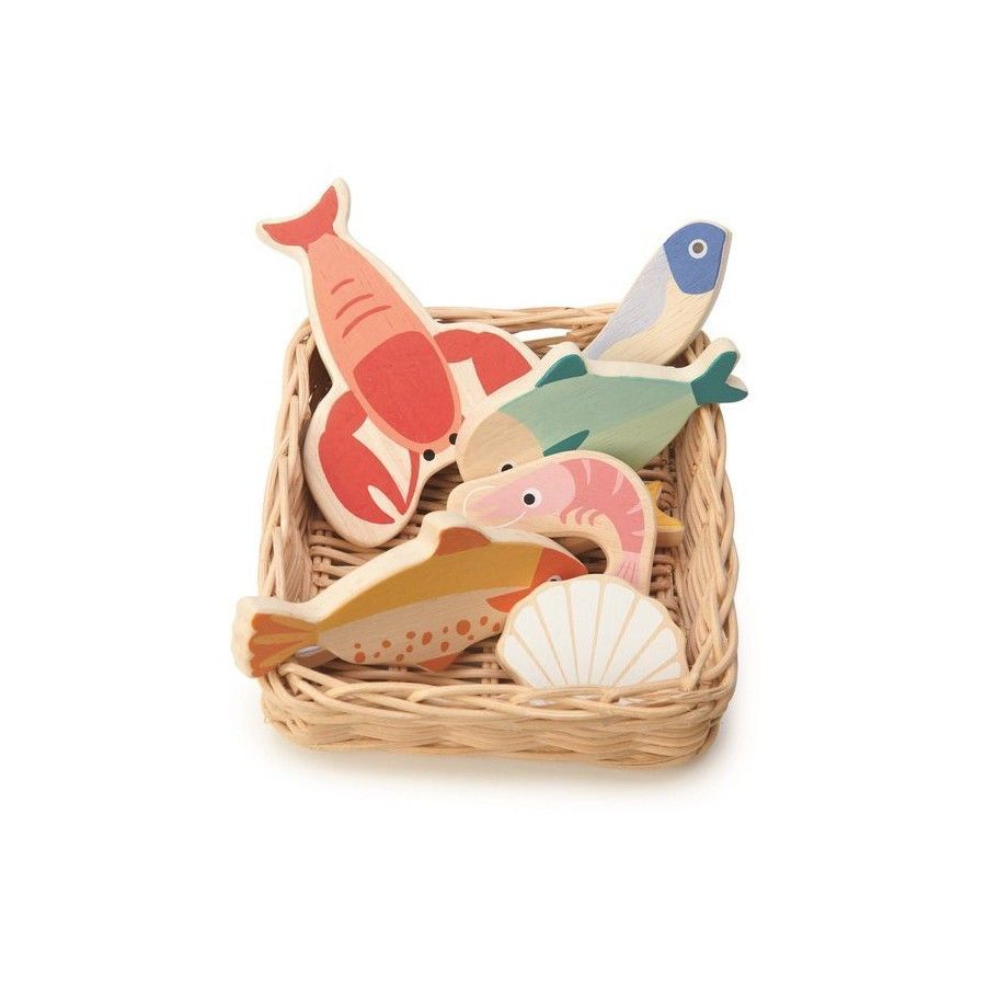 Tender Leaf Toys Cesta de mimbre con pescado y mariscos