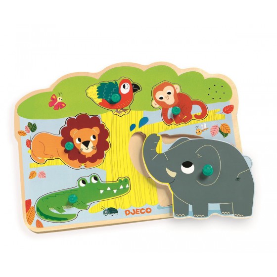 Djeco Puzzle drewniane zwierzątka w ZOO dźwięk