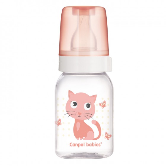Canpol schmale Babyflasche 120 ml CUTE ANIMALS Katze rosa