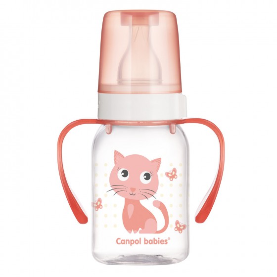 Canpol Butelka 120 ml dekorowana + uchwyt  (BPA 0%) kolekcja Wesołe zwierzaki pink