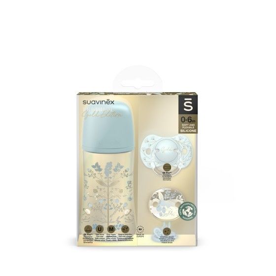 Suavinex készlet 270ml palack + cumi 0-6m + klip | Kék arany