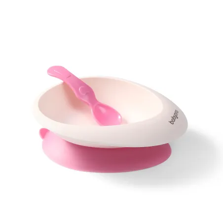 Baboon, a bowl with a pacifier and a pink spoon