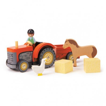 Tender Leaf Toys Tractor de madera con remolque y accesorios