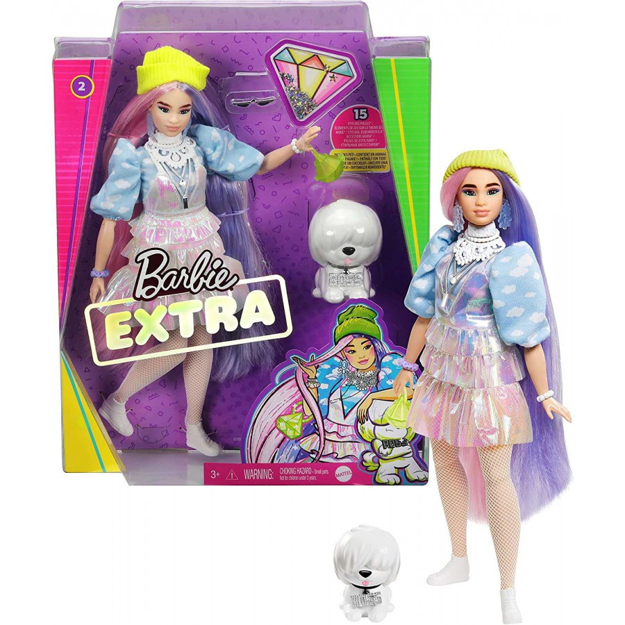 Barbie Poupée Extra Moda + accessoires à paillettes.