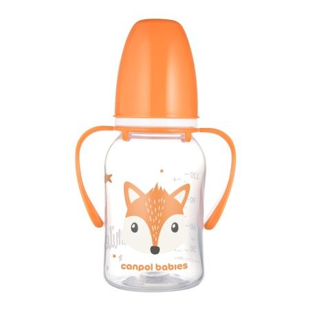 Canpol bébé Bouteille standard étroite avec poignées de 120 ml CUTE ANIMALS orange