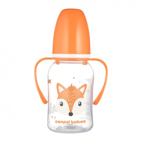 Canpol bébé Bouteille standard étroite avec poignées de 120 ml CUTE ANIMALS orange