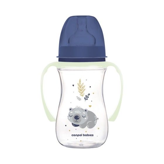 Canpol Babies flaska bred Anti-cirkel med glödande handtag PP EasyStart 240ml Sleepy Koala Blue