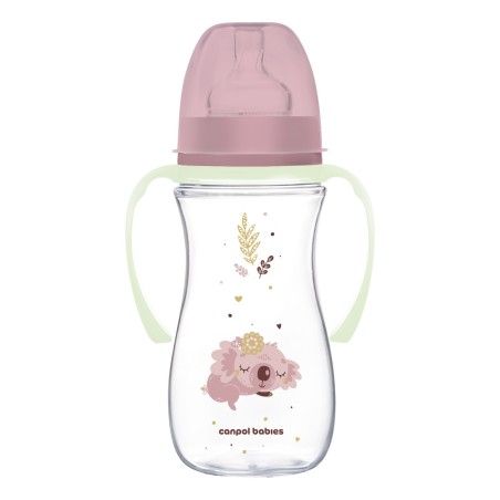 Canpol Detské fľaše široký anti-kruh s žiariace rukoväte pp easystart 300ml ospalý koala ružový