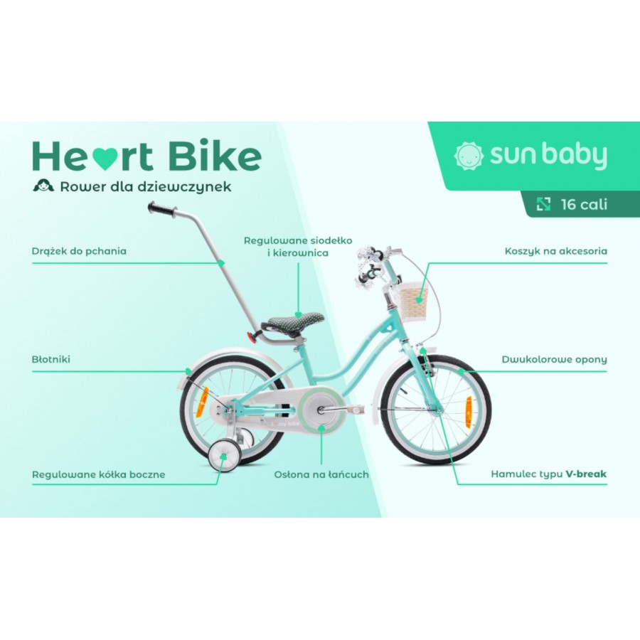 Rowerek dla dziewczynki 16 cali Heart bike - miętowy -