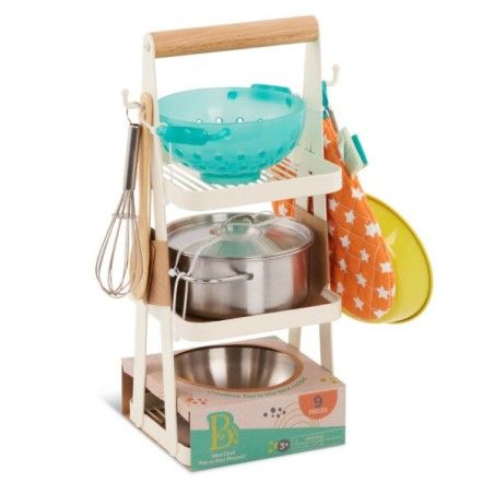 B.Toys Mini Chef - Pot-N-MR. Playset - Súbor realistických jedál a kuchynských riadov, so stojanom
