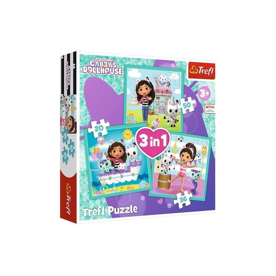Trefl Puzzle 3in1 Gabby babaház, Gabby tevékenység -