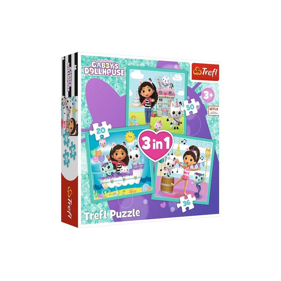 Trefl Puzzle 3w1 Gabby's Dollhouse, Aktywności Gabby -