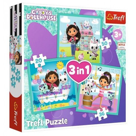 Trefl Puzzle 3w1 Gabby's Dollhouse, Aktywności Gabby