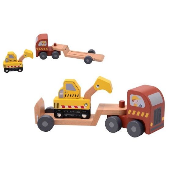 JOUECO Voiture en bois avec remorque et excavatrice