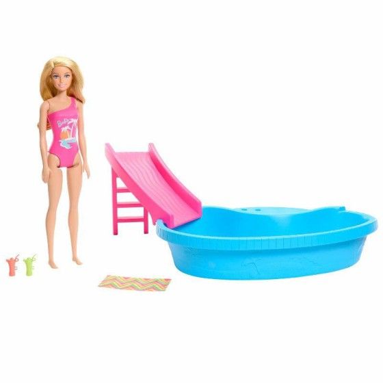 Barbie Docka med pool + hrj74 glid - 194735178285
