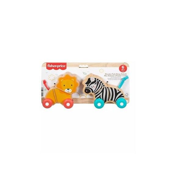 Fisher Price Houten dieren voor het duwen van zebra en leeuw JFN19