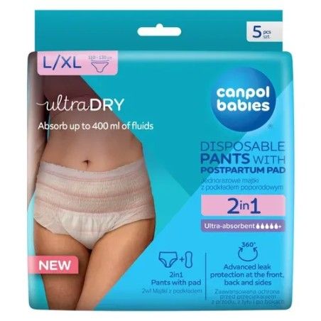 Canpol Bambini traspiranti e ultra-assorbenti monouso 2in1 mutandine con un primer post-porcola L / XL, 5 articoli