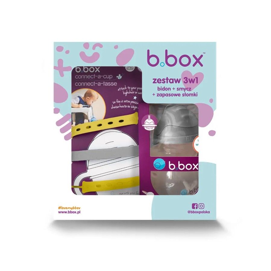 b.box 3In1 Start Set - Láhev s vodou se slámou 240 ml Šedá +
