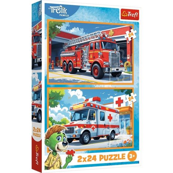 Trefl 2x24el puzzle. V zemi radosti. Hasičský vůz a sanitka