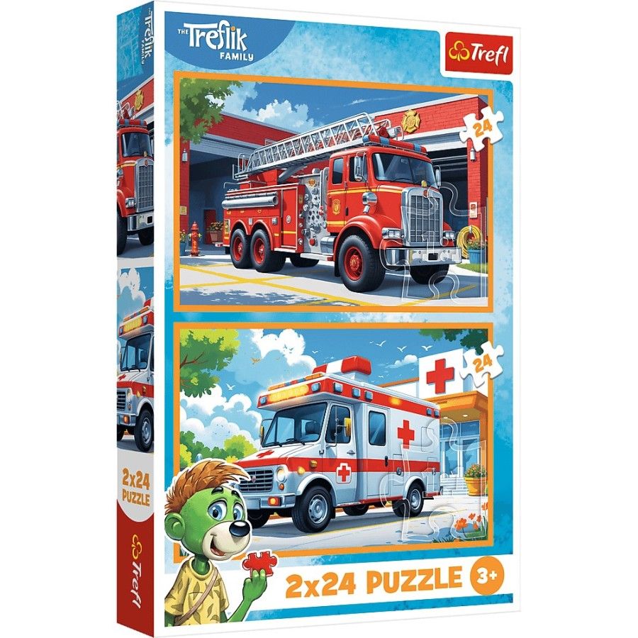 Trefl 2x24el rompecabezas. En la tierra de la alegría. Camión de bomberos y ambulancia.