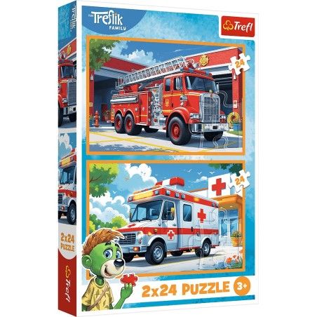 Trefl 2x24el拼图。 在快乐的土地上。 消防车和救护车