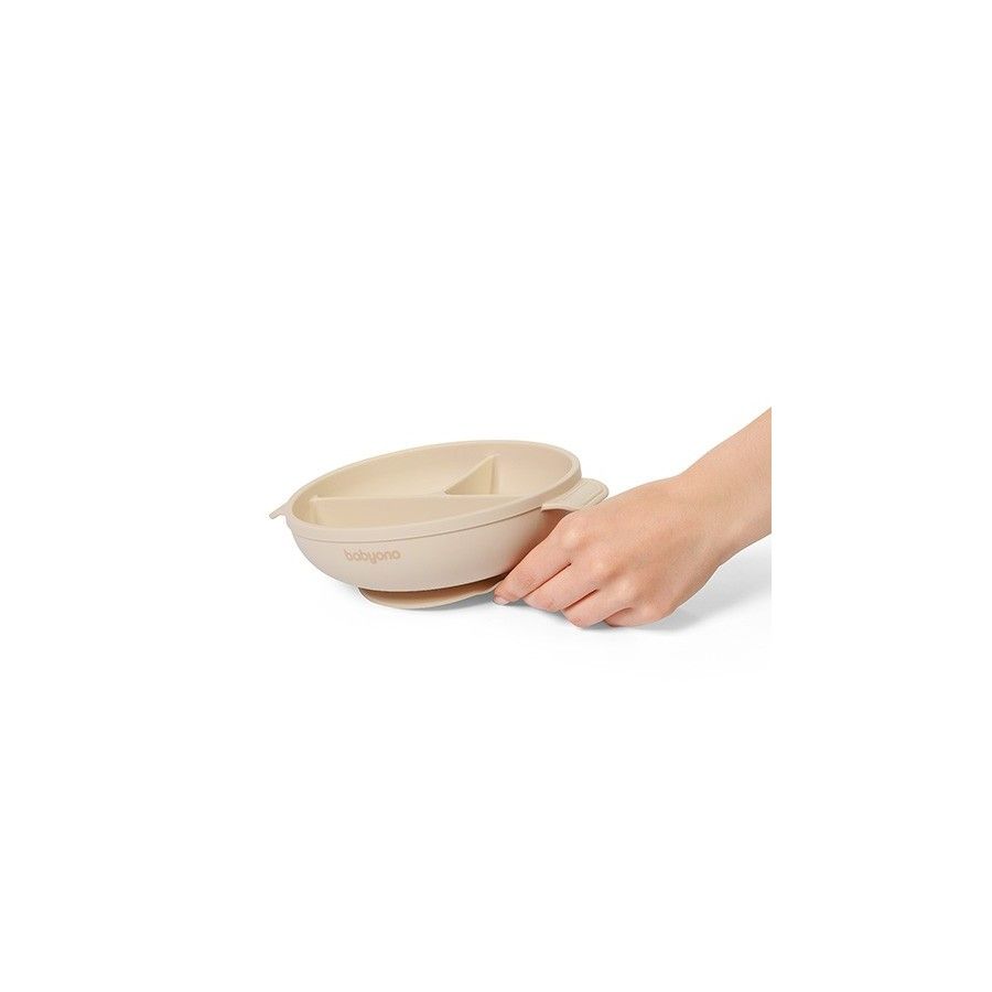 Babyono Silikonowy talerz z przyssawką i przykrywką beżowy