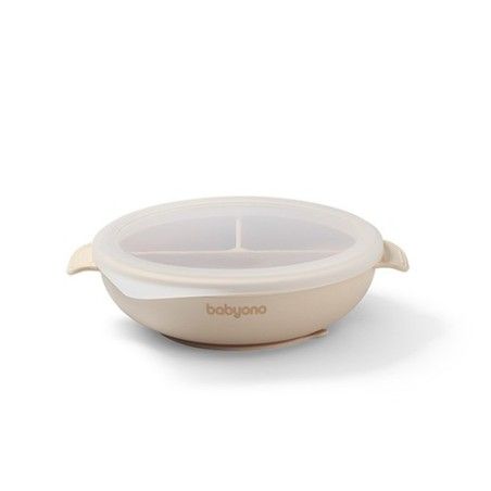 Baby-Silikonplatte mit Saugnapf und beige Abdeckung