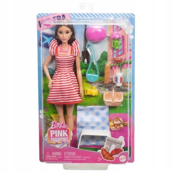 Barbie Docka rosa pass Paris kläder och picknick tillbehör