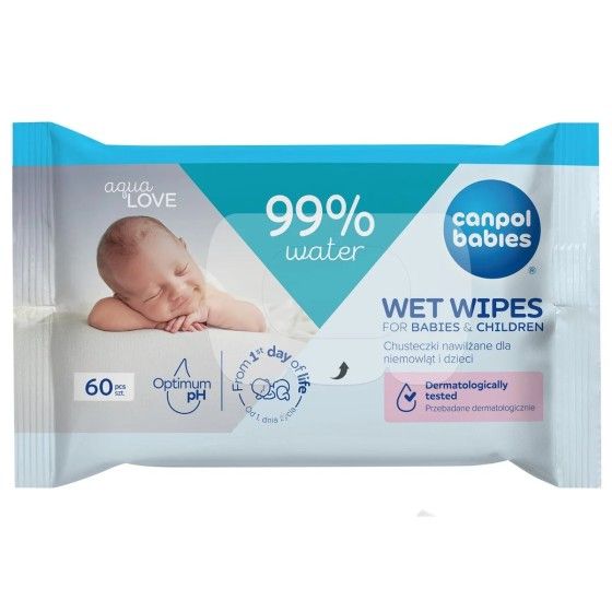 Canpol Dětské ubrousky hydratované pro děti a děti, 99% vody, 60 ks.