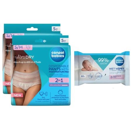 Canpol Babies set 2x andningsbara 2in1 trosor med en Poporod Fater s / M + Torkar Fuktade 60st