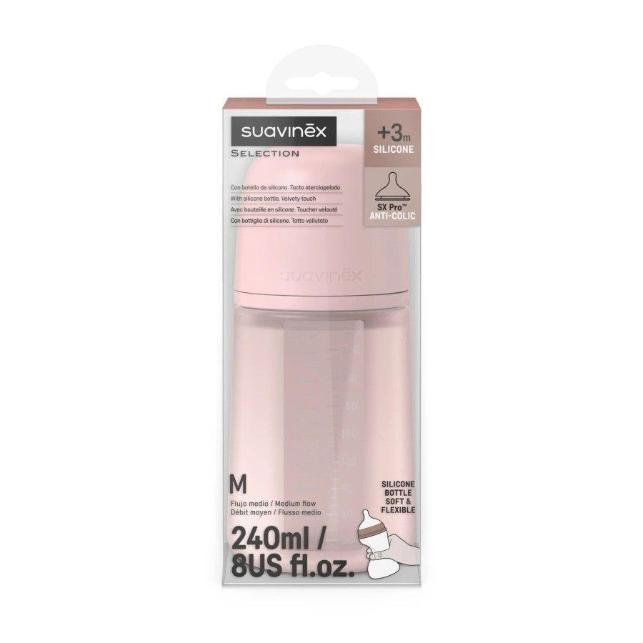 SUAVINEX Butelka silikonowa SX Pro 240 ml, przepływ średni –różowa | Colour Essence