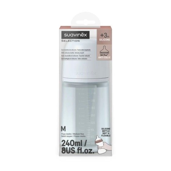 SUAVINEX Bottiglia in silicone SX PRO 240 ml, flusso medio - Essenza di colore blu chiaro