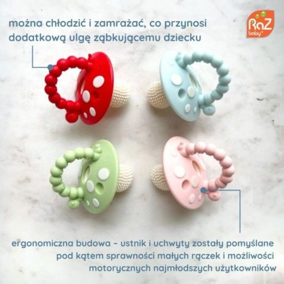 RaZbaby Gryzak logopedyczny Grzybek dla niemowląt na ząbkowanie 2 szt czerwony i zielony