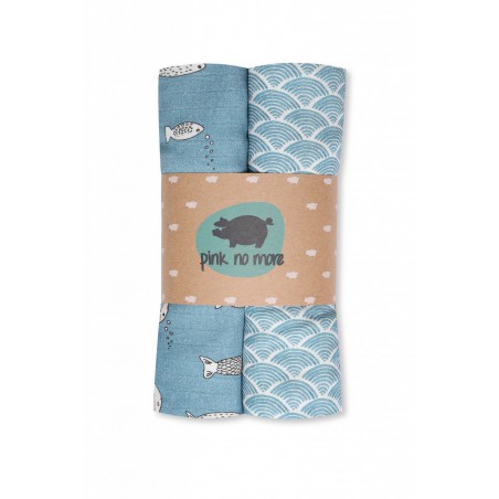 PINK NO MORE TWO-PACK MUSLIN DIAPERS FISH AND BLUE OCEAN