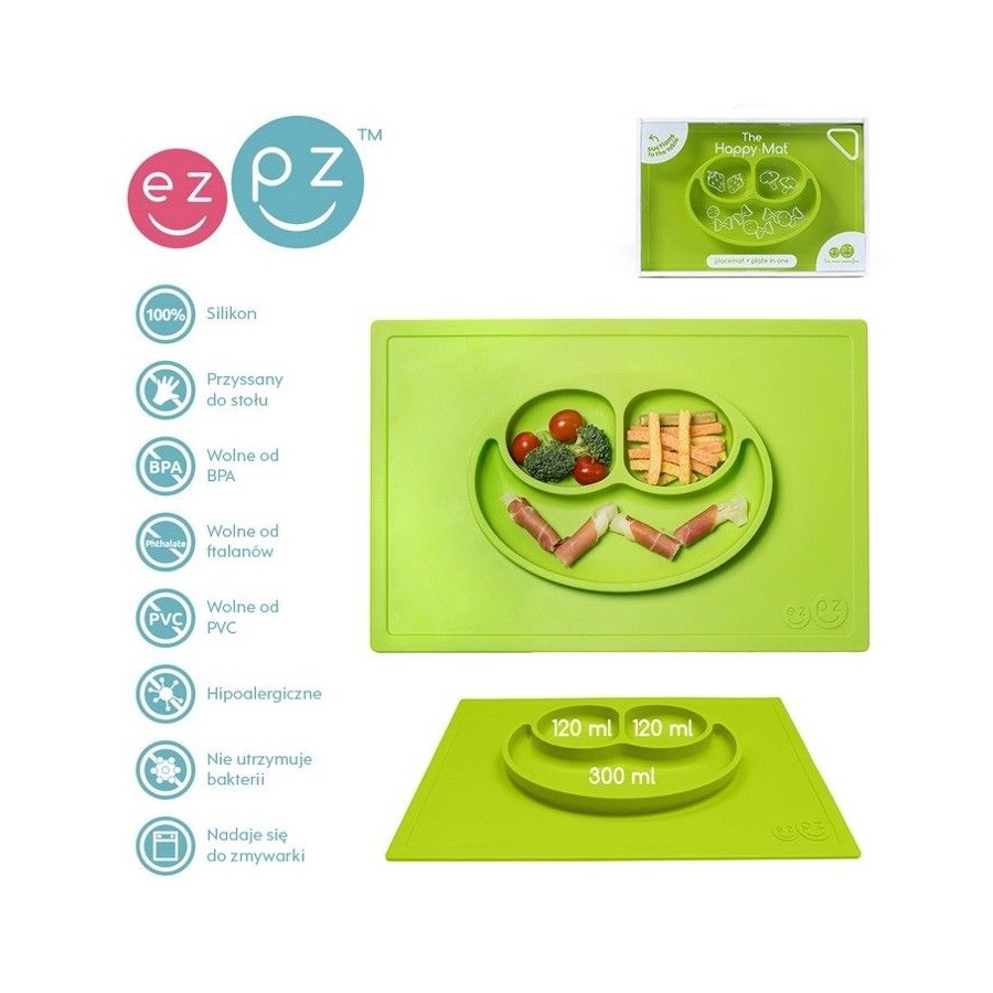 EZPZ Silikonowy talerzyk z podkładką 2w1 Happy Mat zielony