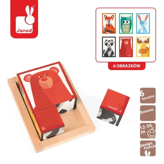 Janod, Klocki drewniane 6 elementów puzzle Baby Forest