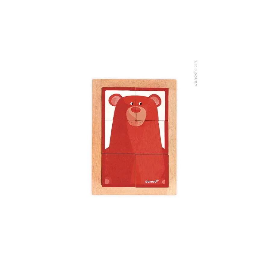 Janod, Klocki drewniane 6 elementów puzzle Baby Forest