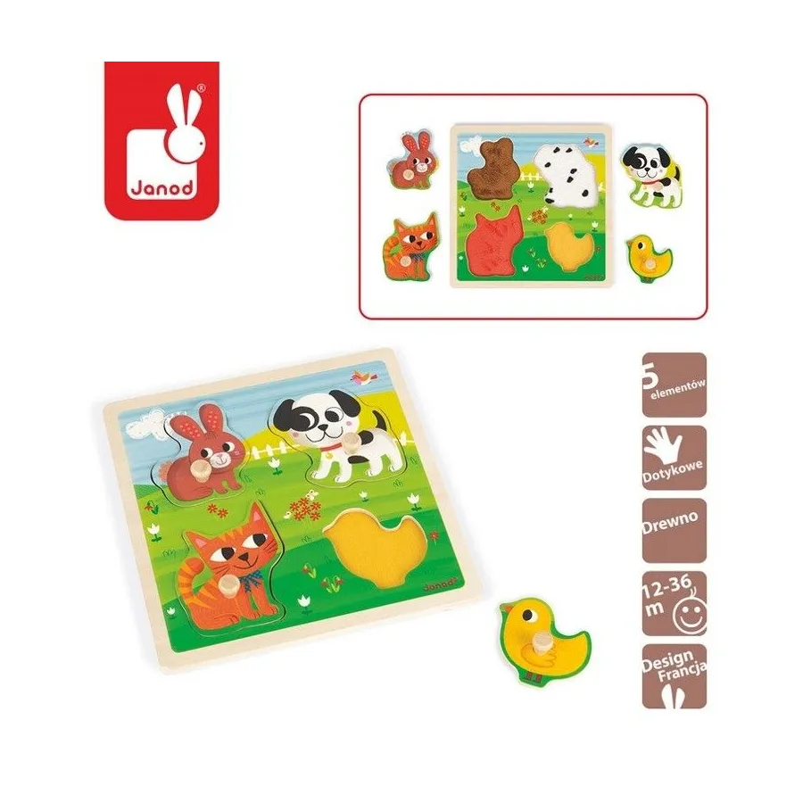 Janod, Puzzle sensoryczne drewniane "Moje pierwsze zwierzątka"