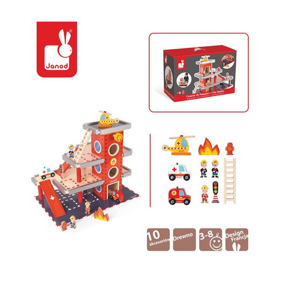 JANOD wooden fire station garage with 10 accessories