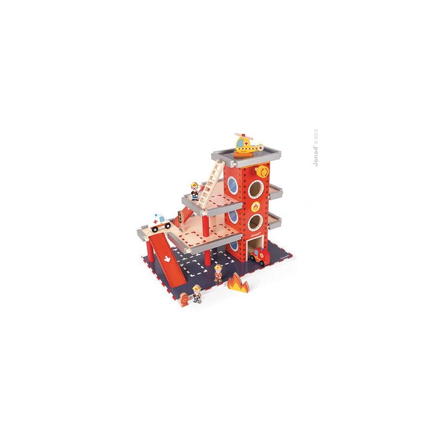 JANOD wooden fire station garage with 10 accessories