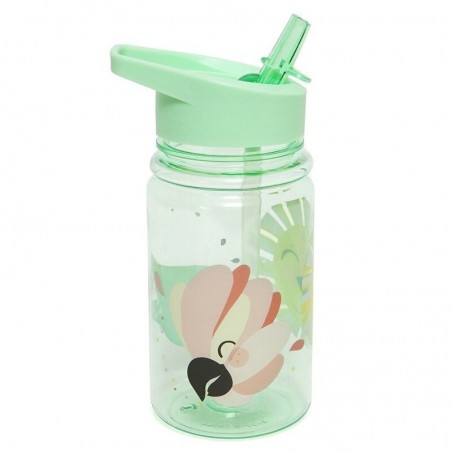 Petit Monkey - Transparent Bottle with a folding mouthpiece and straw Lion, Parrot and crocodile Mint Pastel