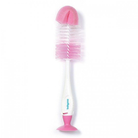 BabyOno pink brush for bottles and teats and self supporting with suction cup mini retractable brush