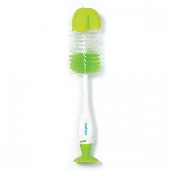 BabyOno green brush for bottles and teats and self supporting with suction cup mini retractable brush
