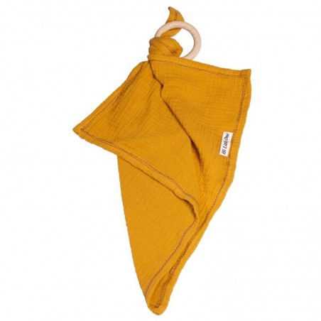 Hi, Little One - cuddly dou dou teething muslin cozy with wood teether Mustard