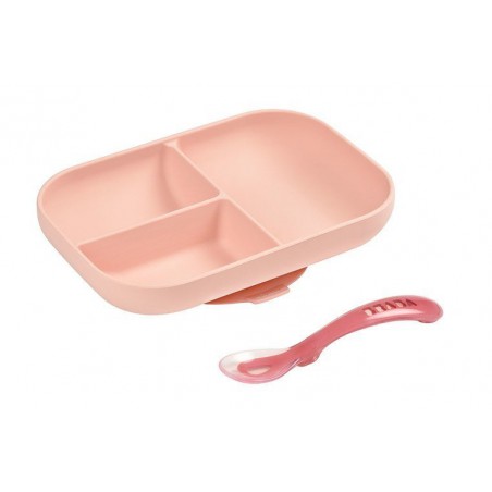 Beaba set of vessels with triple silicone plate with a suction cup and teaspoon pink