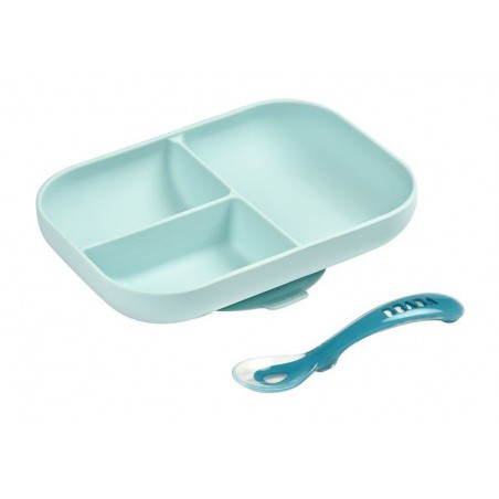 Beaba set of vessels with triple silicone plate with a suction cup and a teaspoon of blue