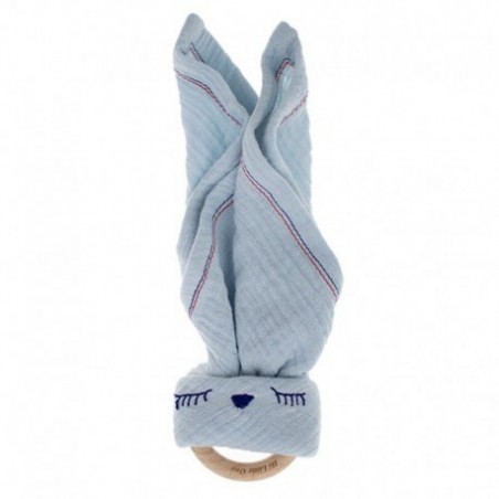 Hi Little One - Przytulanka muślinowa z gryzakiem Sleepy Bunny cozy muslin with wood teether,Baby Blue